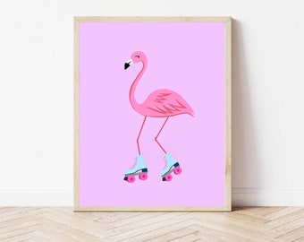 Flamingo on Roller Skates Print, Cool Kids Printables, Instant Digital Download, 8x10 and A4, Girl's Bedroom Wall Art