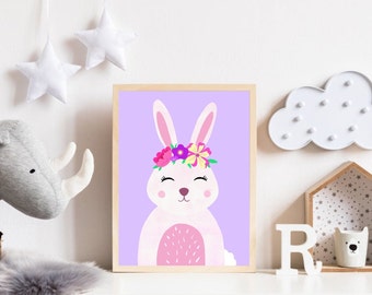 Bunny Rabbit wearing a Flower Crown Nursery Print, Woodland Animals Printables, Instant Digital Download, 8x10 and A4, Children's Room Decor