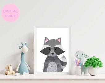 Raccoon Nursery Print, Woodland Animals Printables, Instant Digital Download, 8x10 and A4, Children's Room Wall Art