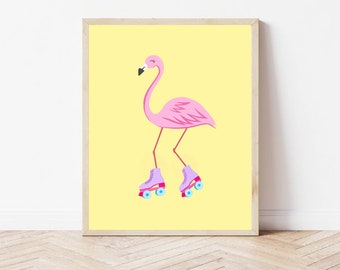 Flamingo on Roller Skates Print, Cool Kids Printables, Instant Digital Download, 8x10 and A4, Girl's Bedroom Wall Art