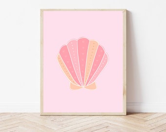 Pastel Pink Clam Shell art, boho ocean print girls room decor, ocean shell instant download, A4 & A3