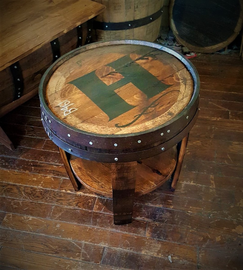 Whiskey Barrel End Table With Lower Shelf FREE Shipping Etsy