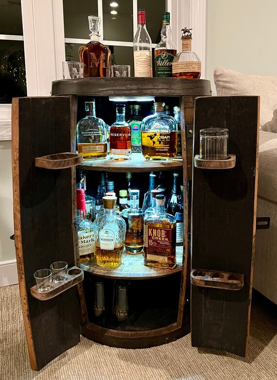 TAX SALE Bourbon Whisky Barrel Liqour Cabinet Bar Lazy Susan L.E.D