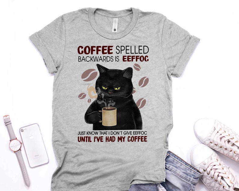 Hoodie Coffee Lover T-Shirt Cat Mom Shirt Sweatshirt Coffee Spelled Backwards Is Eeffoc Black Cat Long Sleeve Cat Hoodie Coffee Beans