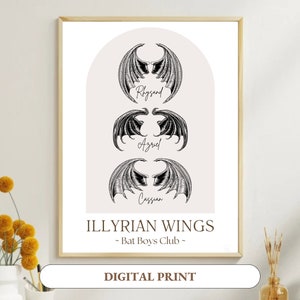 Puede incluir: Una impresión digital con tres pares de alas negras con los nombres Rhysand, Azriel y Cassian escritos debajo de cada par. El texto "ILLYRIAN WINGS - Bat Boys Club - DIGITAL PRINT" está en la parte inferior de la impresión.