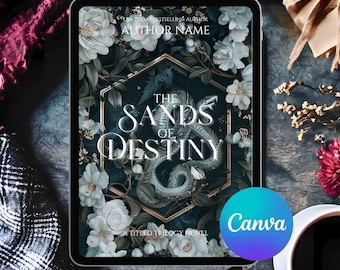May include: A digital tablet displays a book cover titled "The Sands of Destiny" with a snake illustration. The cover design features white flowers and a gold hexagonal frame. The Canva logo is visible.