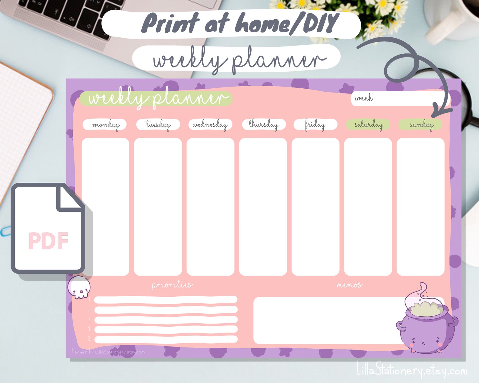 Weekly Planner Printable Cute Weekly Planner Kawaii Weekly Etsy