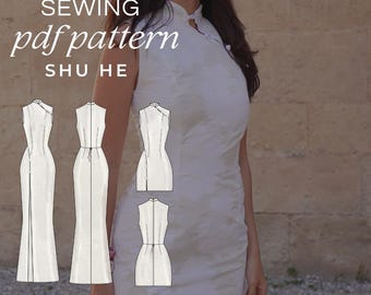 ShuHe Sewing Pattern PDF |  Qipao Chinese Dress Pattern | Mandarin Collar Fitted Dress | Sizes 32-50 | Instant Download | A4 & Full Size