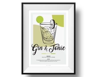 Gin and Tonic Recipe Print | Fine Art | Colour | Wall Art | Cocktails | Kitchen | Decor | A4 | A3 | A2