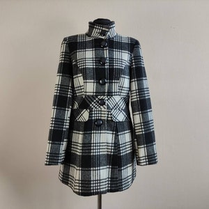Black and white wool coat, size 36 / 10 check wool overcoat, checkered womens coat