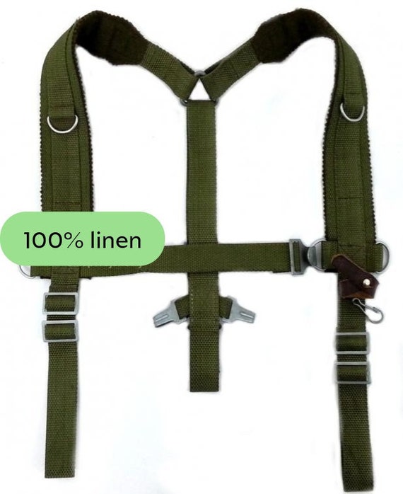 Vintage Linen suspenders, Green Military gift for… - image 1