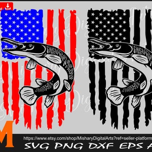 Alligator Gar svg, American Flag svg, Fish svg -  Vector, Cricut, CNC, Sticker/Vinyl Cut file, for T-shirt.