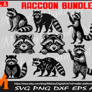 Raccoon Silhouette, Raccoon Bundle, Raccoon svg, Woodland Animal - Printing and Cutting Digital Downloads