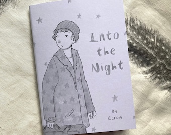 May include: A black and white illustration of a person with a suitcase, walking into the night. The background is a light purple with white stars. The title of the book is "Into the Night" by "CCROW".