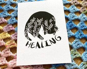 Black cat - Healing - Mental health/self care/recovery mini print/postcard