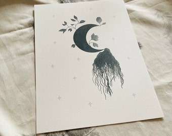 Halbmond Minimalist A4 illustrierte Kunst Druck - Witchy Wand Kunst - Zimmer Deko