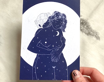 Lesbischer Mond, Kunstdruck Postkarte, lesbisches Wohndekor
