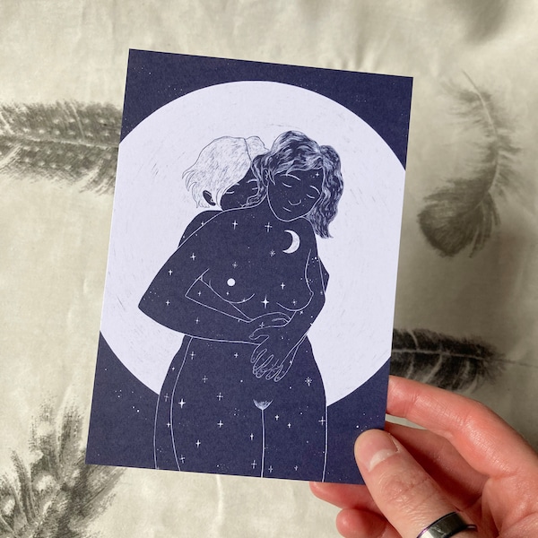 Lesbian moon, postcard art print, lesbian home decor