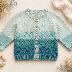 May include: A long-sleeve knit cardigan featuring a gradient colour pattern transitioning from light mint green at the top to a deep teal at the bottom. The garment includes a textured diamond stitch design on the front, a ribbed crew neckline, and five round wooden buttons.