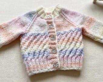 Hand Knitted Baby Cardigan | Pastel Rainbow | Newborn | Original Design | Diagonal Stitch | Crystal Buttons | Handmade Baby Gift | UK