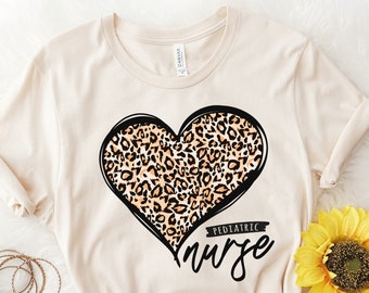 Pediatric Nurse Tee, Leopard Heart, Unisex Cotton Shirt