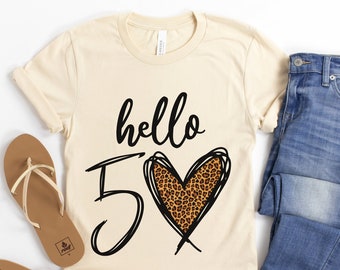 Hello 50 Leopard Heart Birthday Tee