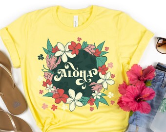Camiseta de hibisco Aloha, camisa de vacaciones, linda camisa de Hawái, camiseta hawaiana de verano, regalo hawaiano, camiseta de viaje vintage, viaje de chicas familiares