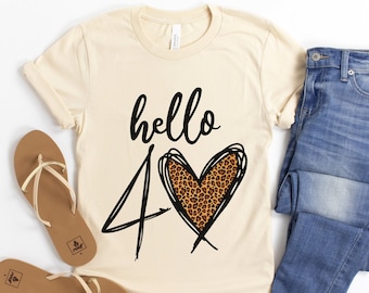Hello 40 Leopard Heart T-Shirt, 40th Birthday Gift