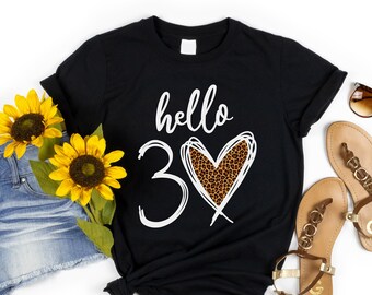 Hello 30 Leopard Heart Shirt, 30th Birthday Tee