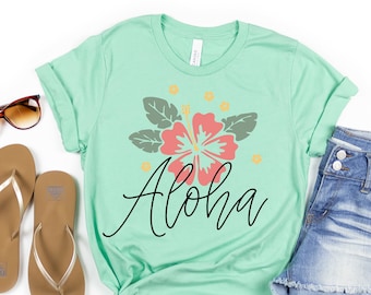 Camisa Aloha, Linda camisa de Hawái, camiseta de verano, camiseta de vacaciones, regalos hawaianos, camiseta de hibisco de playa, vibraciones de verano, regalo para ella, camiseta de viaje