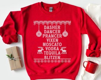 Sudadera de tequila de Navidad, Suéter de vodka Vixen Moscato, Suéter de Navidad de nombres de alcohol, Cuello de tripulación divertido para beber, Suéteres feos de Navidad
