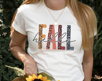 Chemise d’automne hello mignonne, t-shirt d’automne, imprimé léopard guépard, tee de Thanksgiving, vibrations d’automne, Happy Fall Yall, t-shirt de citrouille d’automne, cadeau pour elle