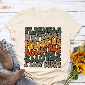 Retro Fall Pregnancy Announcement Shirt, Funny Baby Reveal Tshirt, Flannels Hayrides Pumpkins, Thanksgiving Mom To Be, New Mom Autumn Gift