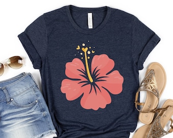 Camisa hawaiana, camiseta de flores de hibisco tropical, camiseta Aloha, regalo para ella, camisa de playa de verano, regalo de hawai, regalo para ella, vacaciones florales