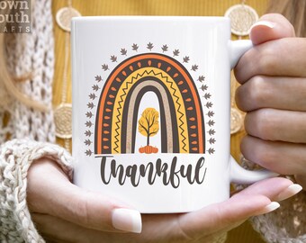 Thankful Coffee Mug, Boho Rainbow Autumn Design