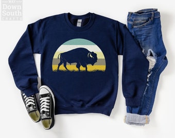Retro Bison Sweatshirt, Yellowstone National Park Buffalo Crewneck