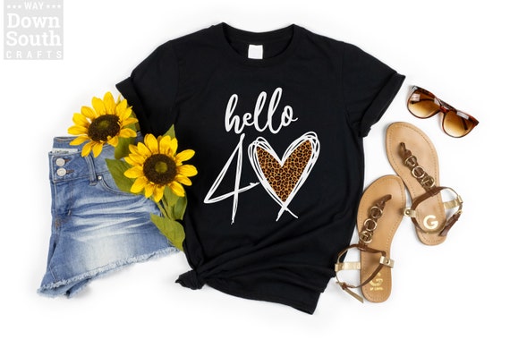 Hello 40 Leopard Heart Shirt, 40th Birthday Tee
