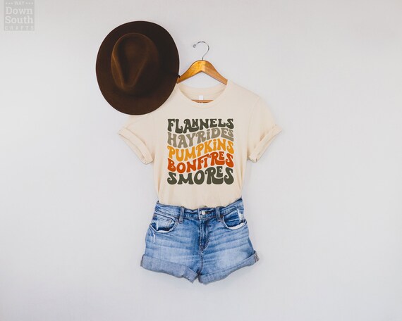 Flannels Hayrides Pumpkins Shirt, Bonfires Smores Tshirt, Gift For Halloween, Autumn Aesthetic, Flannels Tshirt, Halloween Outfit, Fall Tee