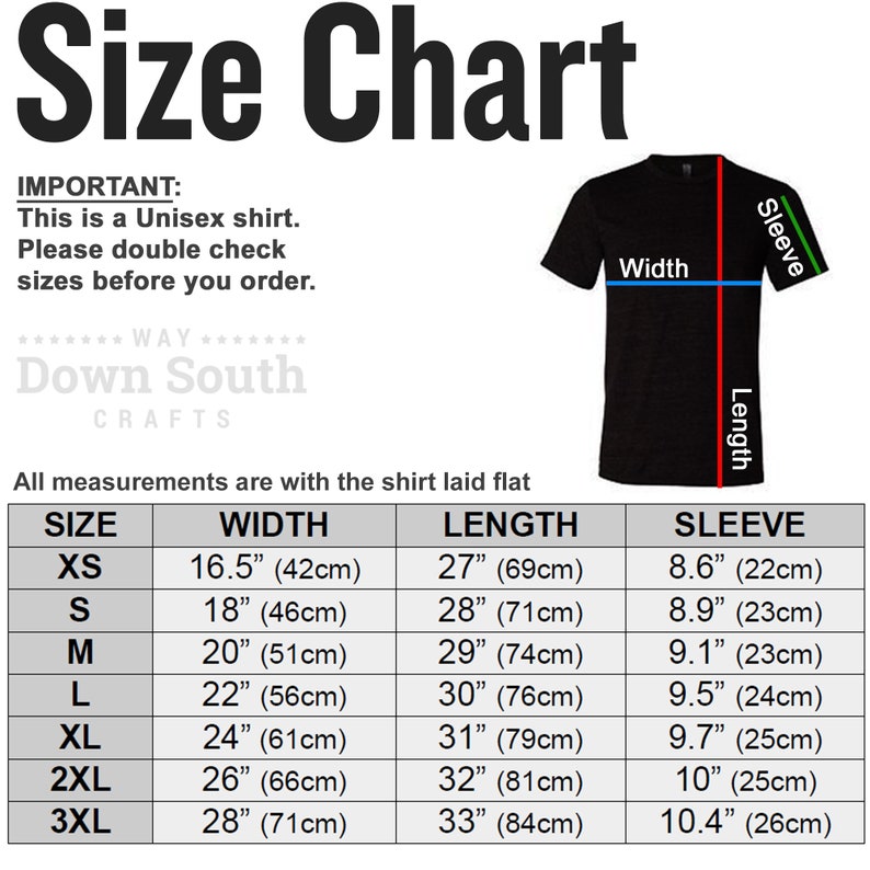Puede incluir: Tabla de tallas para una camiseta unisex con medidas en pulgadas y cent&iacute;metros. La tabla muestra el ancho, la longitud y la longitud de la manga para las tallas XS a 3XL.