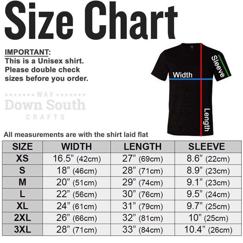 May include: Size chart for a unisex t-shirt with measurements in inches and centimeters. The chart shows the width, length, and sleeve length for sizes XS to 3XL.