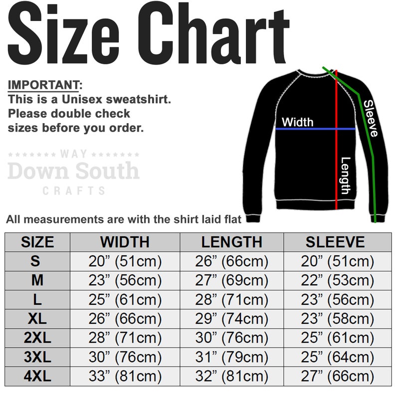 May include: Size chart for a unisex sweatshirt with measurements in inches and centimeters. The chart shows the width, length, and sleeve length for sizes S through 4XL.