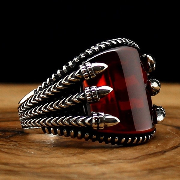 Modern Red Zircon Ring, Handmade Zircon Ring, Men Silver Ring, Silver Ring, Ottoman Style Ring, Gift for Hem, Zircon Handmade Ring, Man Ring