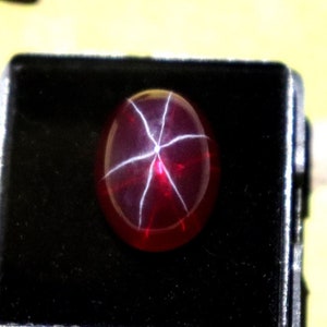 Può includere: Una gemma lucida, di forma ovale, di colore rosso intenso, con un motivo a stella a sei raggi. La gemma è incastonata in una scatola espositiva di velluto nero, che mette in risalto il suo colore vibrante e l'esclusivo effetto stella.