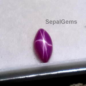 May include: A polished, oval-shaped, deep pink gemstone with a six-ray star pattern. The gem is set in a white plastic case, resting on a dark, textured surface. The text "SepalGems" is visible on the case.