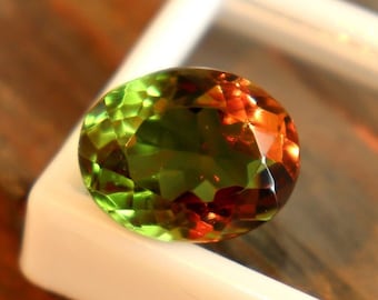 Puede incluir: Una piedra preciosa ovalada de color verde y marrón, con un corte facetado. La piedra preciosa se muestra en una caja cuadrada blanca.