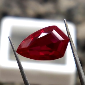 Peut inclure: Une pierre précieuse rouge foncé avec une taille facetée, tenue par des pinces. La pierre précieuse est un rubis.