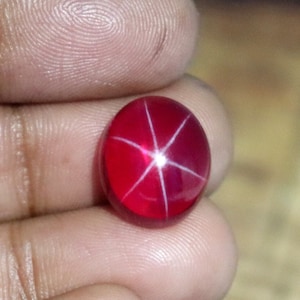 May include: A red star ruby cabochon gemstone with a six-pointed star in the center.