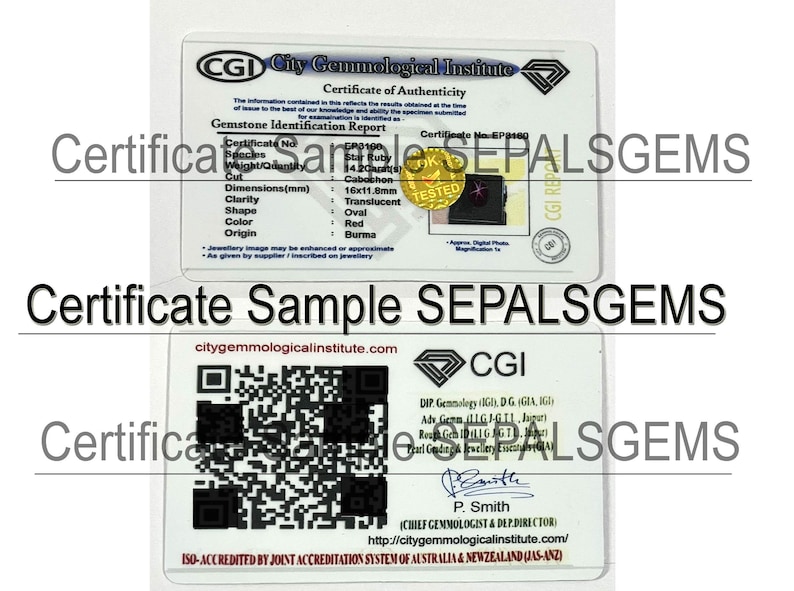 Puede incluir: Dos certificados blancos del City Gemmological Institute. El certificado superior detalla un Star Ruby, con dimensiones de 16x11,8 mm. El certificado inferior incluye un c&oacute;digo QR y el sitio web citygemmologicalinstitute.com.