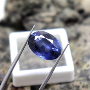 May include: A deep blue oval-shaped gemstone held by tweezers. The gemstone is faceted and has a high polish.