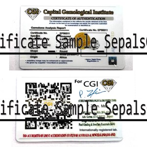 May include: A white certificate with a black border and the text "Capital Gemological Institute" and "Certificate of Authentication". The certificate is for a diamond and includes the certificate number EP90011. The certificate is ISO-accredited by the Joint Accreditation System of Australia and New Zealand (JAS-ANZ).